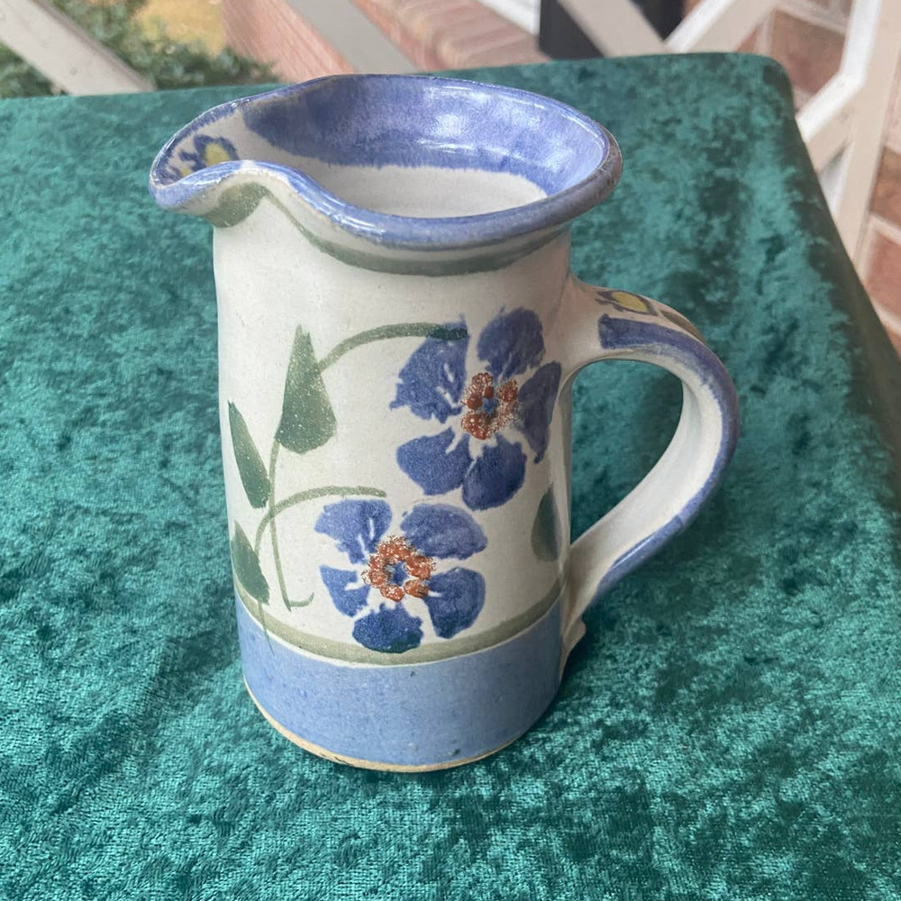 Pottery Pitcher Creamer Stoneware Flower Signed